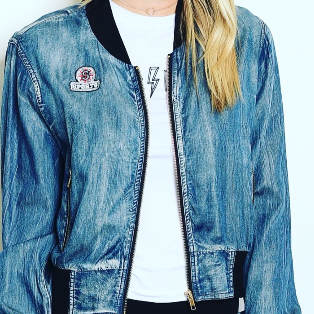 Blue jean bomber Jacket with patches